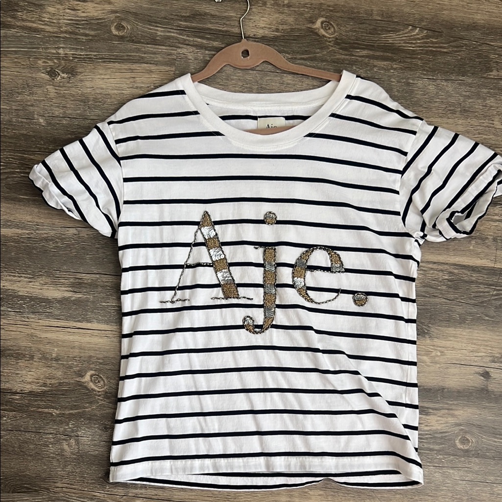 Aje Black And White Striped Tee With Gold Detail